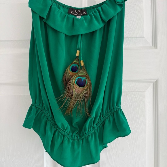 KARINA GRIMALDI 100% Silk Peacock Feather Tube Top Green Ruffle Boho Resort L - Picture 3 of 10